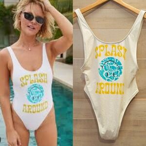 {M} NWT Aerie Smile Splash Around Swimsuit One Piece White Blue Yellow